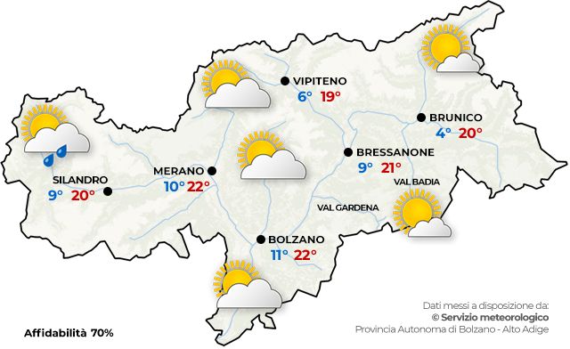 Previsioni meteo Alto Adige oggi